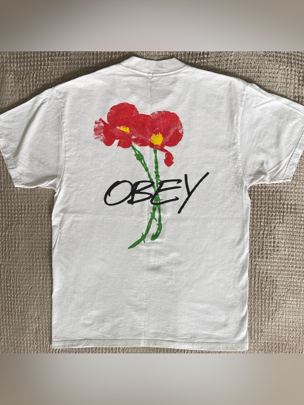 OBEY Floral Script Logo Graphic Tee White Men’s M Front Back Print